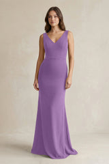 V - Neck Sheath Satin Maxi Bridesmaid Dress in Wisteria - KISS BRIDAL Bridesmaid Dresses