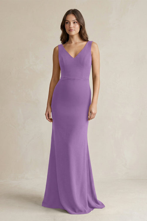 V - Neck Sheath Satin Maxi Bridesmaid Dress in Wisteria - KISS BRIDAL Bridesmaid Dresses