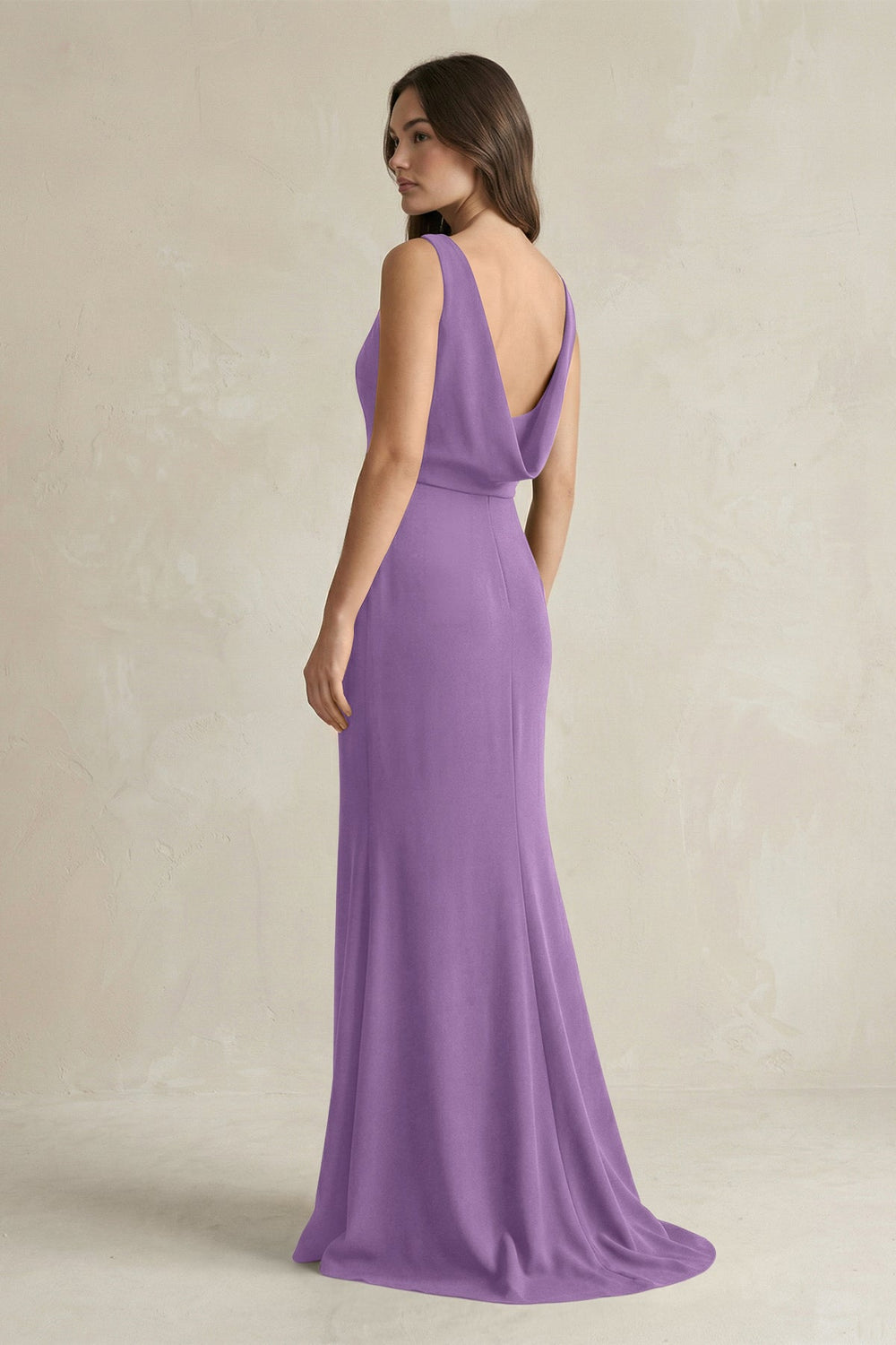 V - Neck Sheath Satin Maxi Bridesmaid Dress in Wisteria - KISS BRIDAL Bridesmaid Dresses