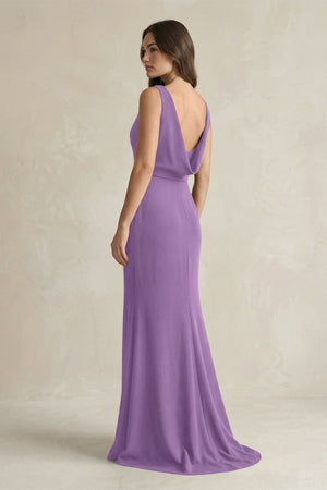 V - Neck Sheath Satin Maxi Bridesmaid Dress in Wisteria - KISS BRIDAL Bridesmaid Dresses