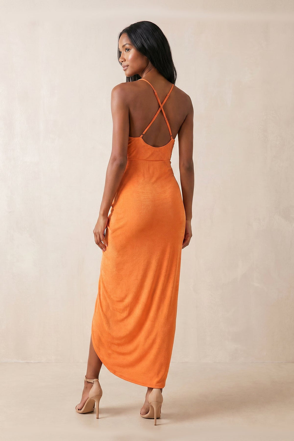 V-Neck Sheath Spaghetti Straps Midi Dress in Orange – KISS BRIDAL Dresses