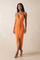 V-Neck Sheath Spaghetti Straps Midi Dress in Orange – KISS BRIDAL Dresses