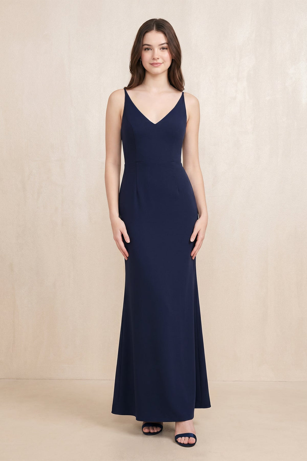 V - Neck Sheath Stretch Satin Maxi Dress in Navy - KISS BRIDAL Dresses