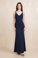 V - Neck Sheath Stretch Satin Maxi Dress in Navy - KISS BRIDAL Dresses