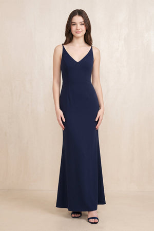 V - Neck Sheath Stretch Satin Maxi Dress in Navy - SHE IS ME Dresses