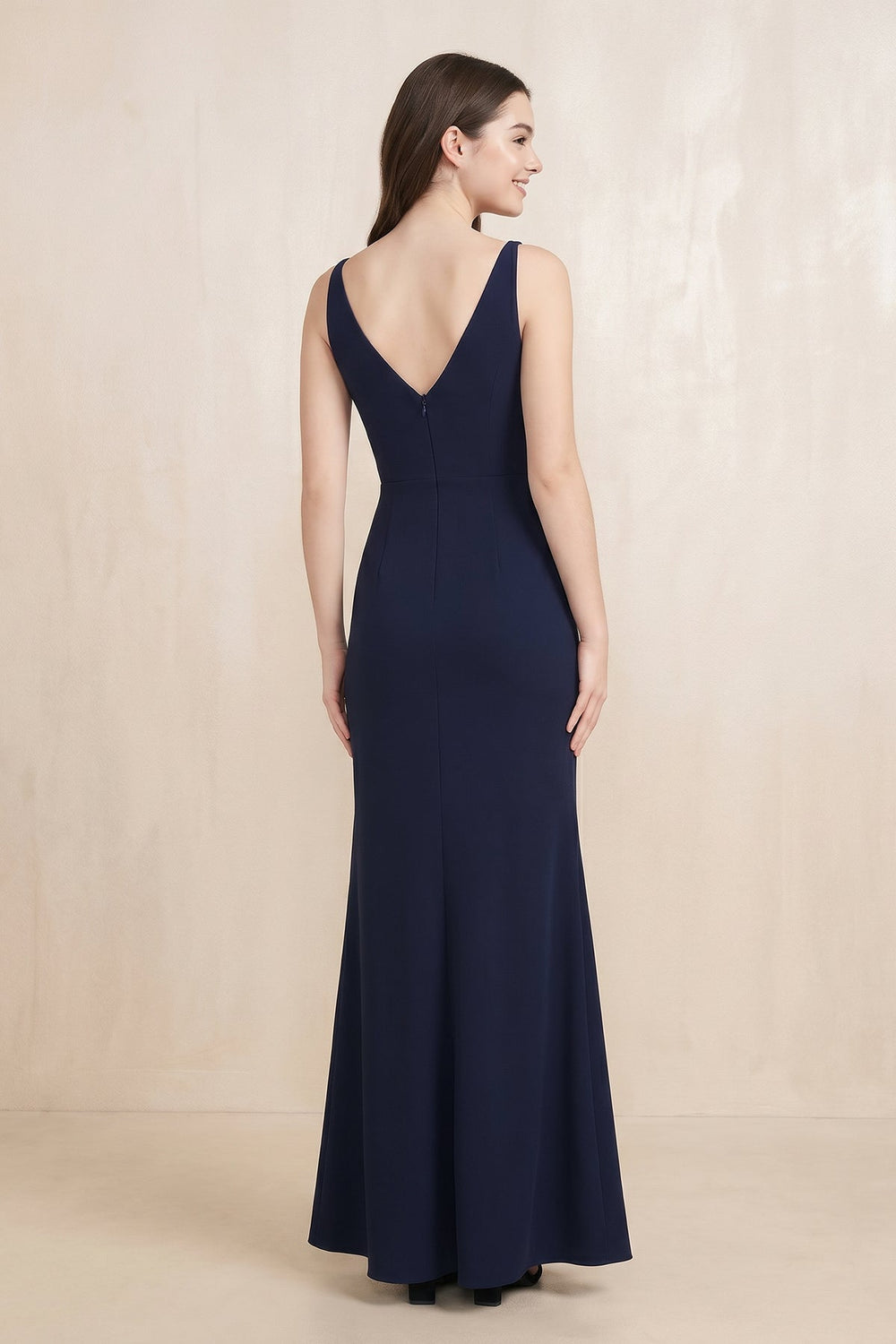 V - Neck Sheath Stretch Satin Maxi Dress in Navy - KISS BRIDAL Dresses