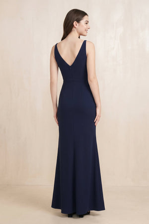 V - Neck Sheath Stretch Satin Maxi Dress in Navy - SHE IS ME Dresses