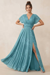 V - Neck Short Sleeve A - Line Floral Chiffon Bridesmaid Dress in Adriatic Blue - KISS BRIDAL Bridesmaid Dresses
