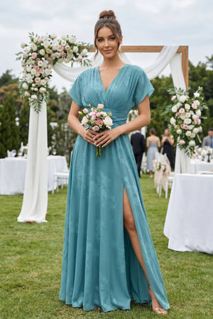 V - Neck Short Sleeve A - Line Floral Chiffon Bridesmaid Dress in Adriatic Blue - KISS BRIDAL Bridesmaid Dresses