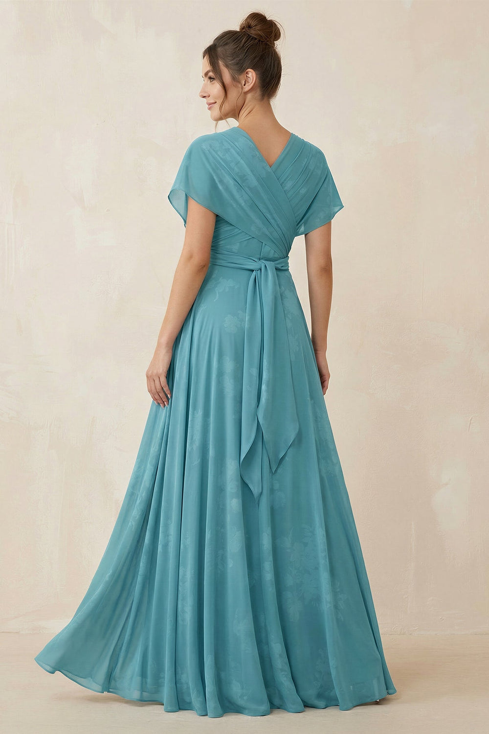 V - Neck Short Sleeve A - Line Floral Chiffon Bridesmaid Dress in Adriatic Blue - KISS BRIDAL Bridesmaid Dresses