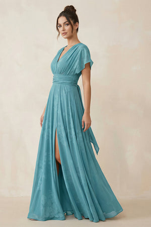 V - Neck Short Sleeve A - Line Floral Chiffon Bridesmaid Dress in Adriatic Blue - KISS BRIDAL Bridesmaid Dresses
