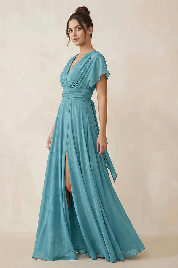 V - Neck Short Sleeve A - Line Floral Chiffon Bridesmaid Dress in Adriatic Blue - KISS BRIDAL Bridesmaid Dresses