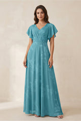V - Neck Short Sleeve Floral Chiffon A - Line Bridesmaid Dress in Adriatic Blue - KISS BRIDAL Bridesmaid Dresses