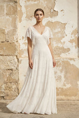 V Neck Short Sleeves A Line Lace Wedding Dress in Ivory - KISS BRIDAL Wedding Dresses