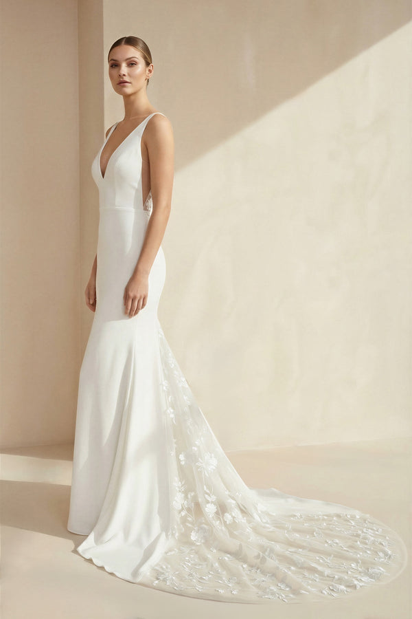 V - Neck Sleeveless Plunging Satin Wedding Dress in White - KISS BRIDAL Wedding Dresses