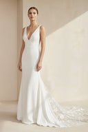 V - Neck Sleeveless Plunging Satin Wedding Dress in White - KISS BRIDAL Wedding Dresses