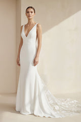 V - Neck Sleeveless Plunging Satin Wedding Dress in White - KISS BRIDAL Wedding Dresses