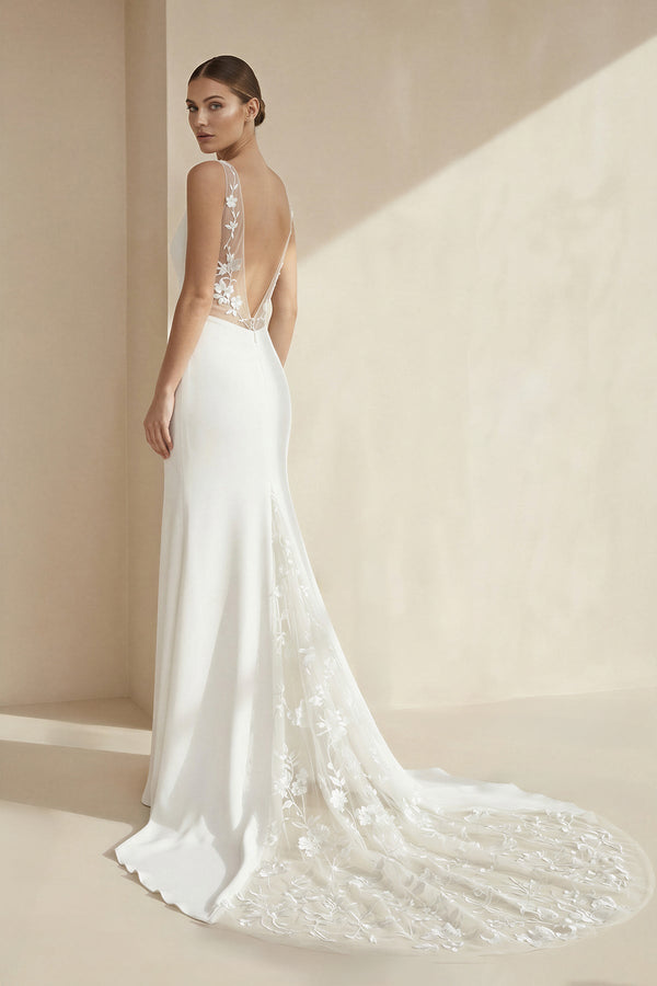 V - Neck Sleeveless Plunging Satin Wedding Dress in White - KISS BRIDAL Wedding Dresses