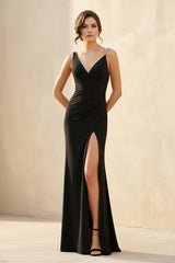 V Neck Slit Maxi Dress With Pearl in Black - KISS BRIDAL