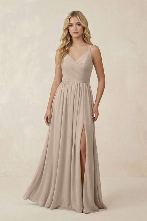 V - Neck Spaghetti Strap A - Line Chiffon Bridesmaid Dress in Almond - SHE IS ME Bridesmaid Dresses