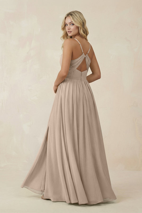 V - Neck Spaghetti Strap A - Line Chiffon Bridesmaid Dress in Almond - SHE IS ME Bridesmaid Dresses