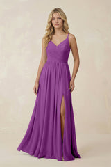 V - Neck Spaghetti Strap A - Line Chiffon Bridesmaid Dress in Amethyst - KISS BRIDAL Bridesmaid Dresses