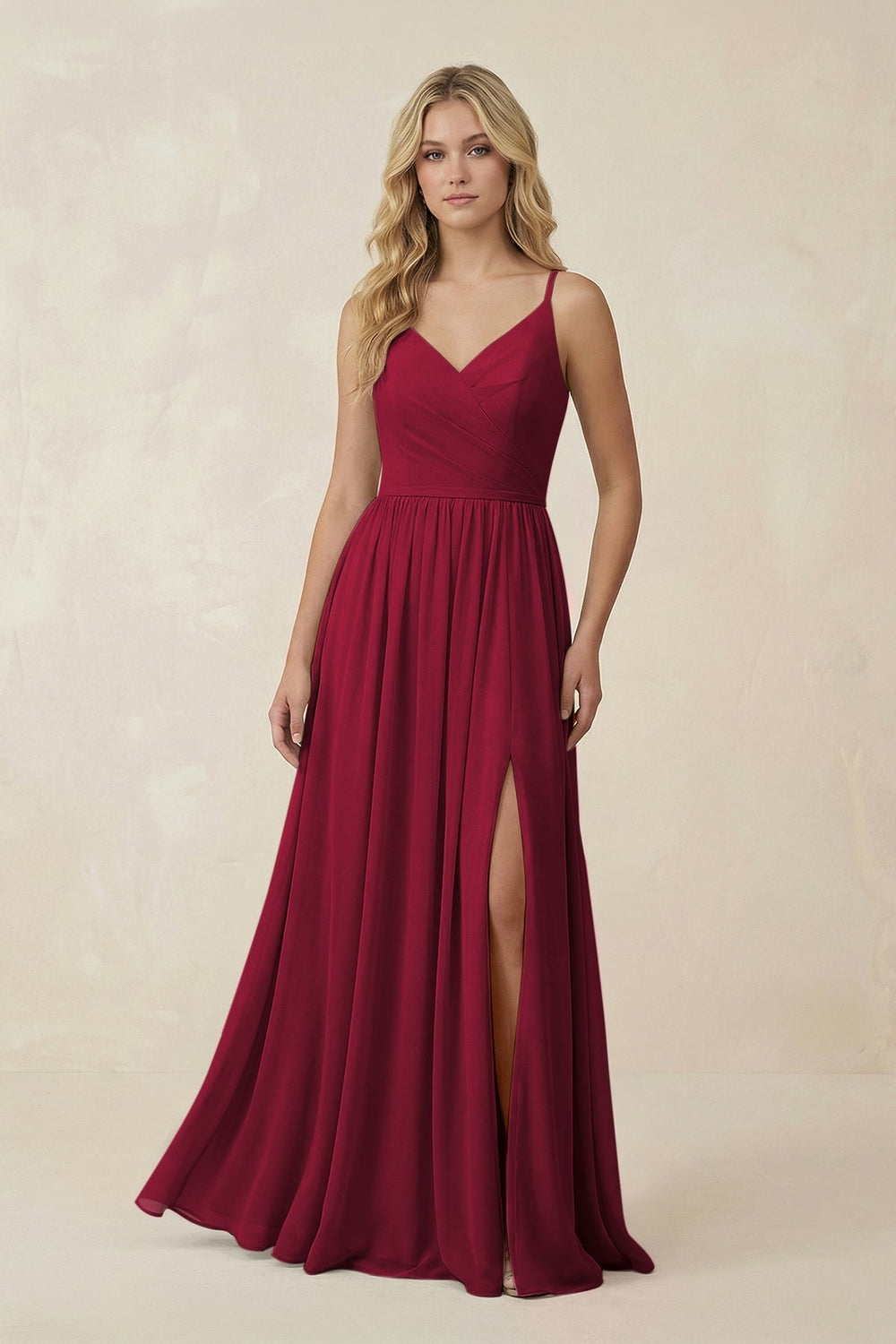 V - Neck Spaghetti Strap A - Line Chiffon Bridesmaid Dress in Berry - SHE IS ME Bridesmaid Dresses