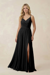 V - Neck Spaghetti Strap A - Line Chiffon Bridesmaid Dress in Black - KISS BRIDAL Bridesmaid Dresses