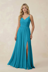 V - Neck Spaghetti Strap A - Line Chiffon Bridesmaid Dress in Blue Jay - KISS BRIDAL Bridesmaid Dresses