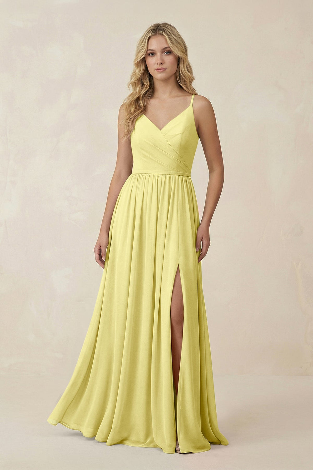 V - Neck Spaghetti Strap A - Line Chiffon Bridesmaid Dress in Buttercup - SHE IS ME Bridesmaid Dresses