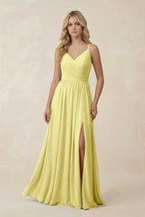 V - Neck Spaghetti Strap A - Line Chiffon Bridesmaid Dress in Buttercup - KISS BRIDAL Bridesmaid Dresses