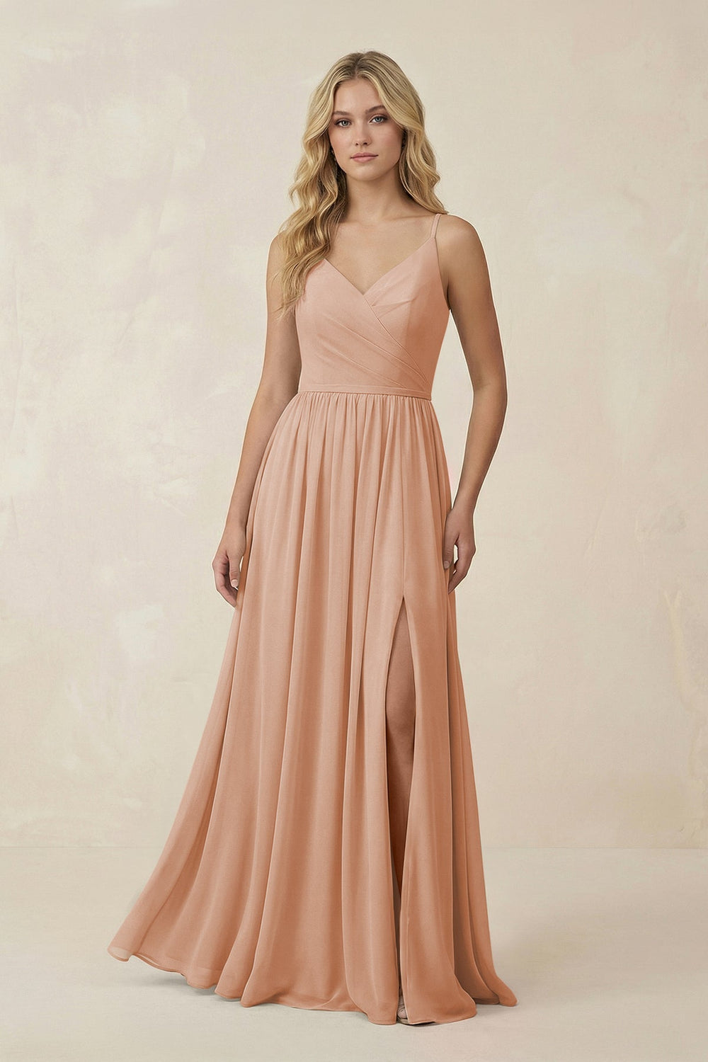 V - Neck Spaghetti Strap A - Line Chiffon Bridesmaid Dress in Champagne Rose - SHE IS ME Bridesmaid Dresses