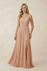 V - Neck Spaghetti Strap A - Line Chiffon Bridesmaid Dress in Champagne Rose - KISS BRIDAL Bridesmaid Dresses