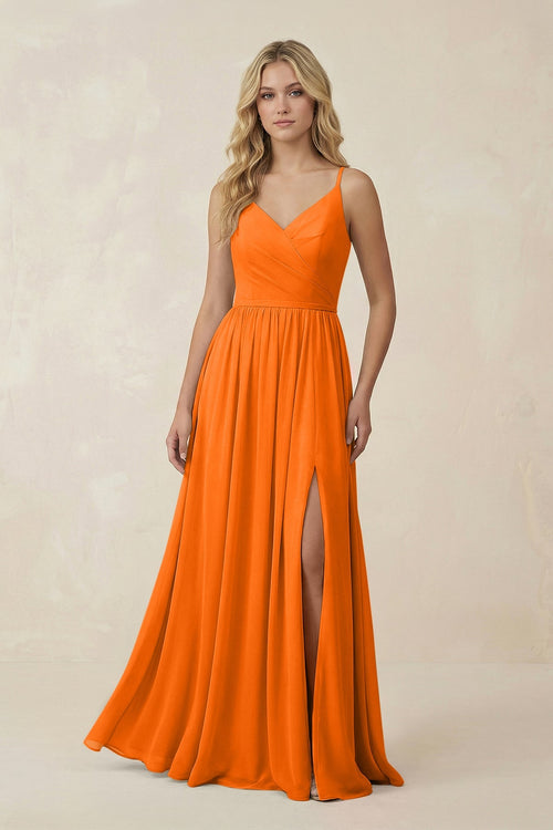 V - Neck Spaghetti Strap A - Line Chiffon Bridesmaid Dress in Cinnamon - SHE IS ME Bridesmaid Dresses