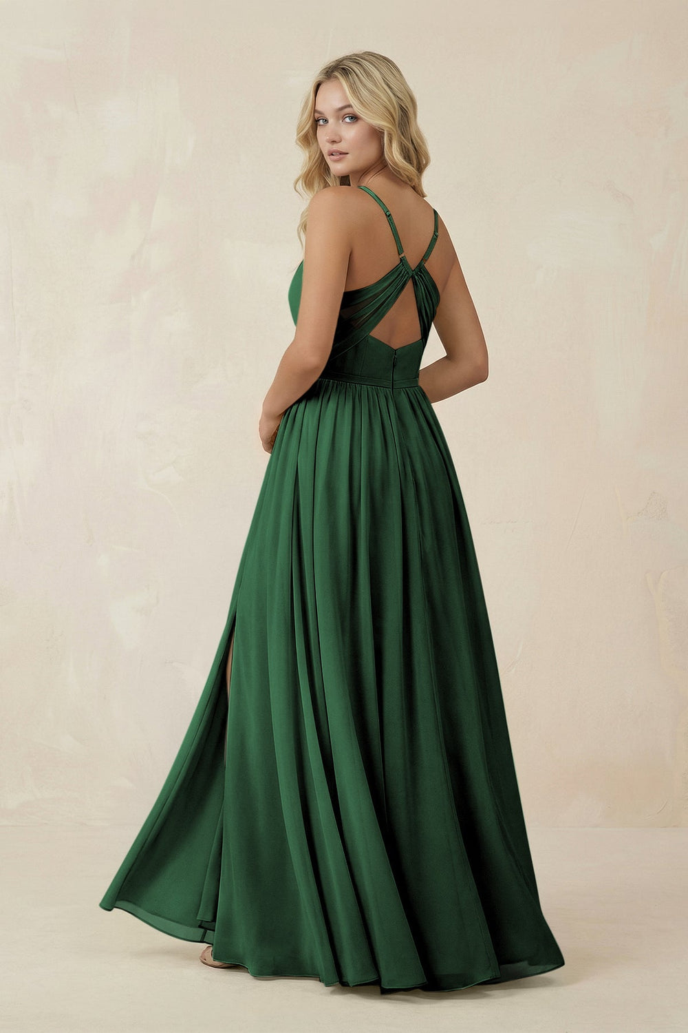 V - Neck Spaghetti Strap A - Line Chiffon Bridesmaid Dress in Dark Green - SHE IS ME Bridesmaid Dresses