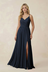 V - Neck Spaghetti Strap A - Line Chiffon Bridesmaid Dress in Dark Navy - KISS BRIDAL Bridesmaid Dresses