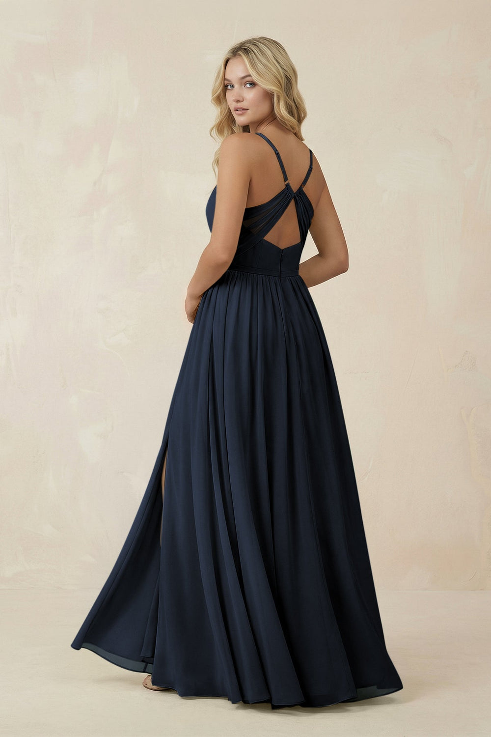 V - Neck Spaghetti Strap A - Line Chiffon Bridesmaid Dress in Dark Navy - SHE IS ME Bridesmaid Dresses