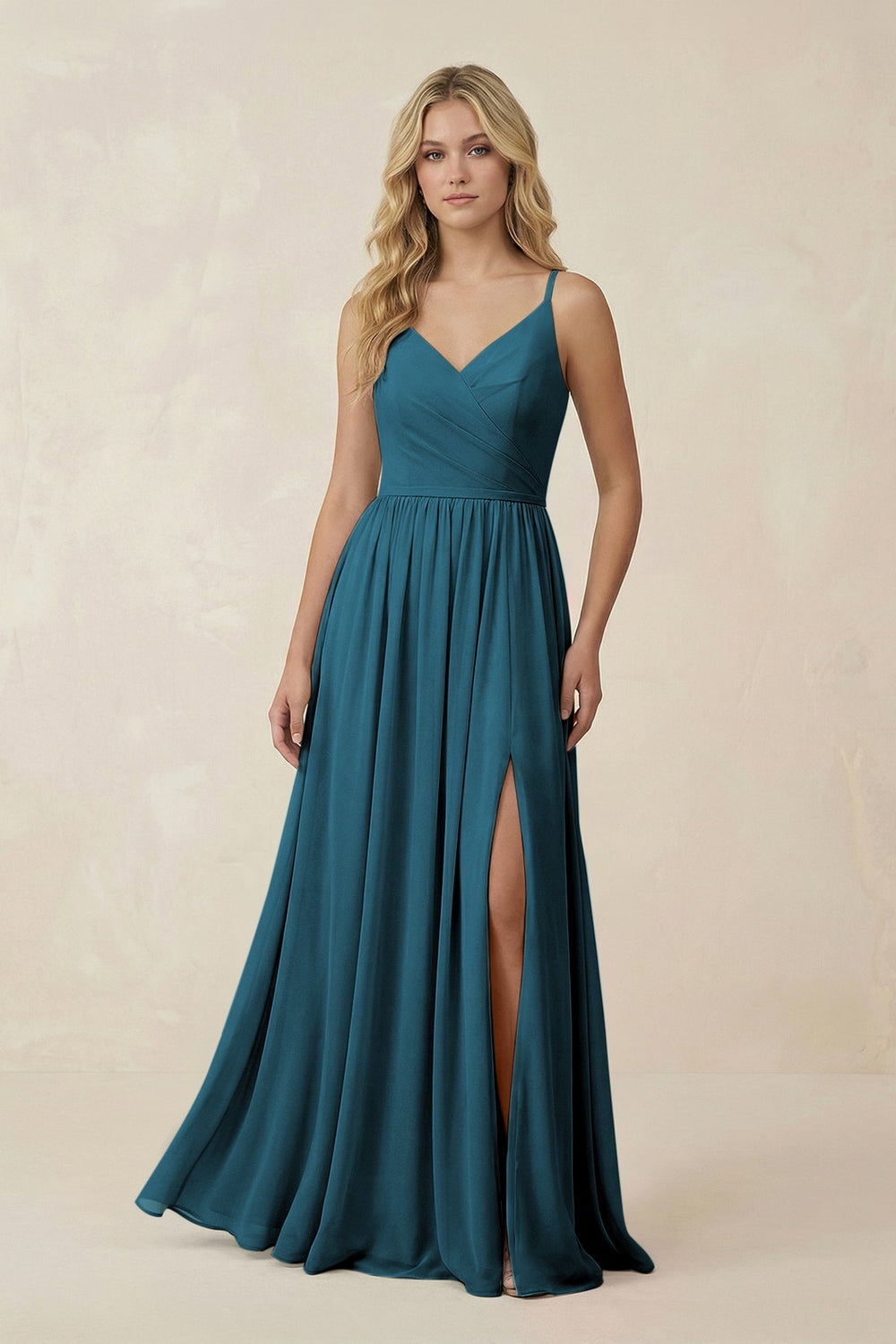 V - Neck Spaghetti Strap A - Line Chiffon Bridesmaid Dress in Dark Teal - SHE IS ME Bridesmaid Dresses