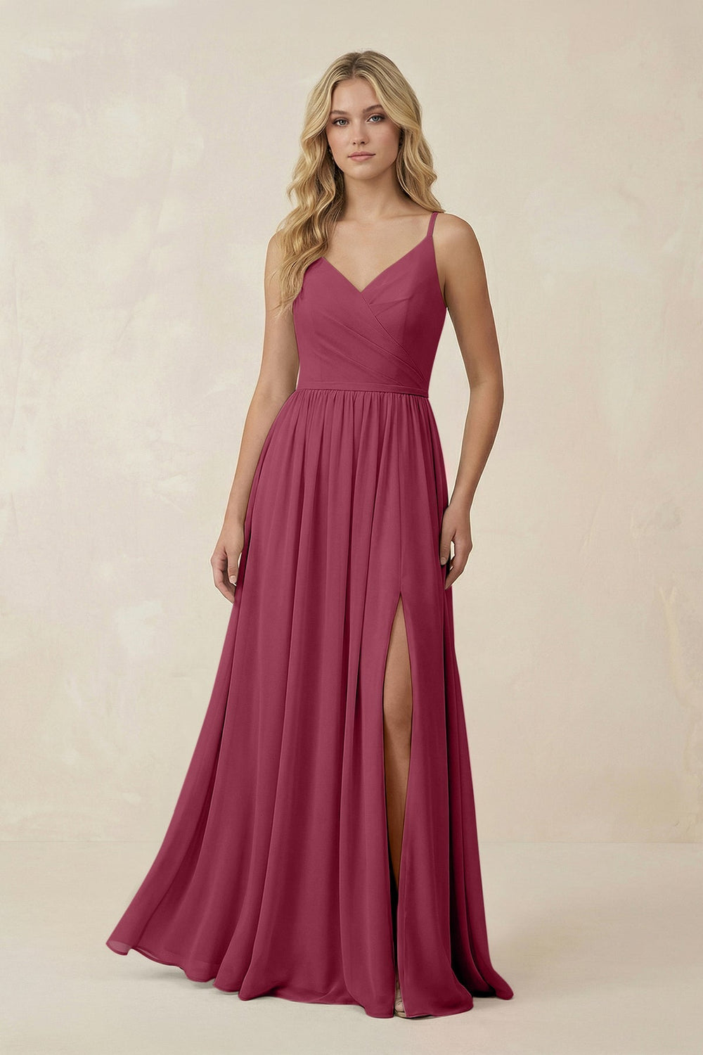 V - Neck Spaghetti Strap A - Line Chiffon Bridesmaid Dress in Desert Rose - SHE IS ME Bridesmaid Dresses