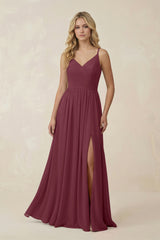 V-Neck Spaghetti Strap A-Line Chiffon Bridesmaid Dress in Desert Rose | KISSBRIDAL
