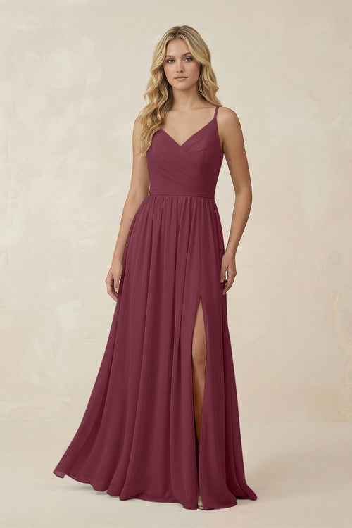 V-Neck Spaghetti Strap A-Line Chiffon Bridesmaid Dress in Desert Rose | KISSBRIDAL