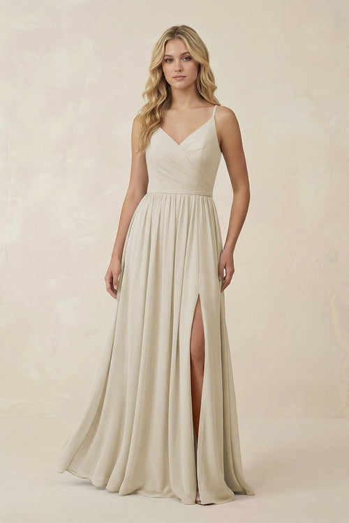 V - Neck Spaghetti Strap A - Line Chiffon Bridesmaid Dress in Dove Gray - SHE IS ME Bridesmaid Dresses