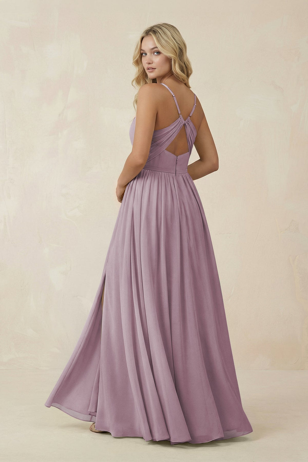 V - Neck Spaghetti Strap A - Line Chiffon Bridesmaid Dress in Dusk - SHE IS ME Bridesmaid Dresses