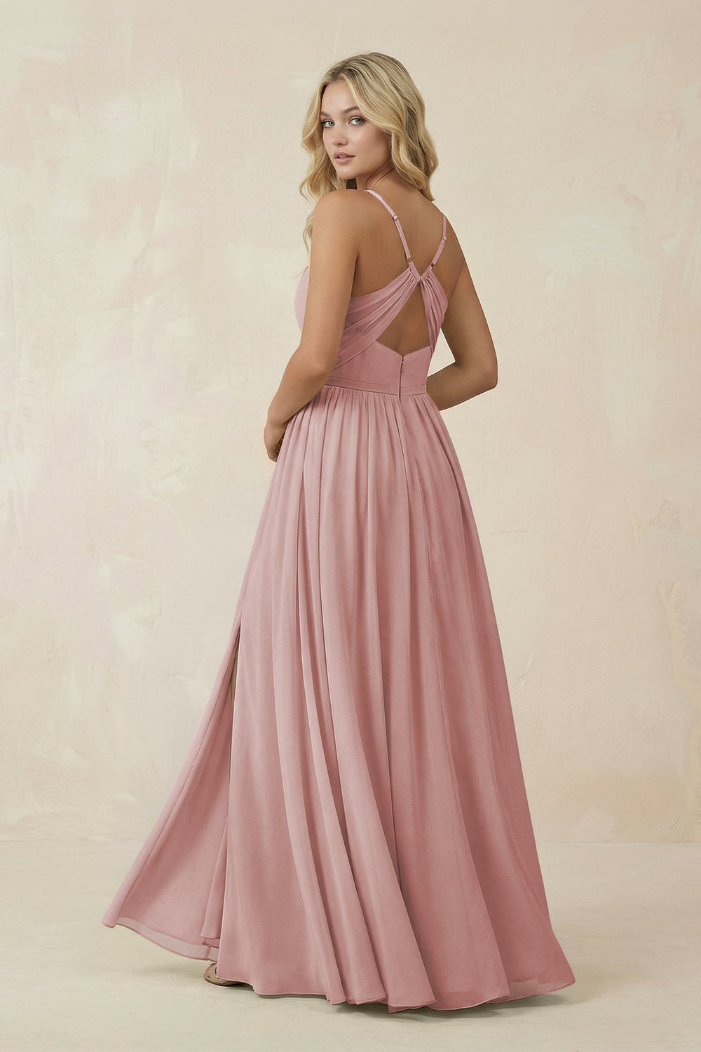V - Neck Spaghetti Strap A - Line Chiffon Bridesmaid Dress in Dusty Rose - SHE IS ME Bridesmaid Dresses