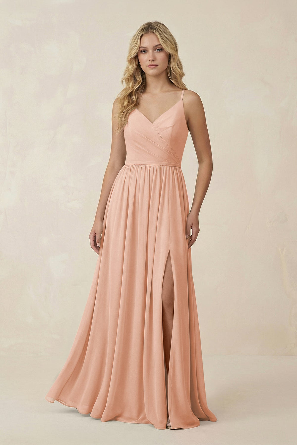 V - Neck Spaghetti Strap A - Line Chiffon Bridesmaid Dress in English Rose - SHE IS ME Bridesmaid Dresses