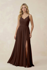 V - Neck Spaghetti Strap A - Line Chiffon Bridesmaid Dress in Espresso - KISS BRIDAL Bridesmaid Dresses