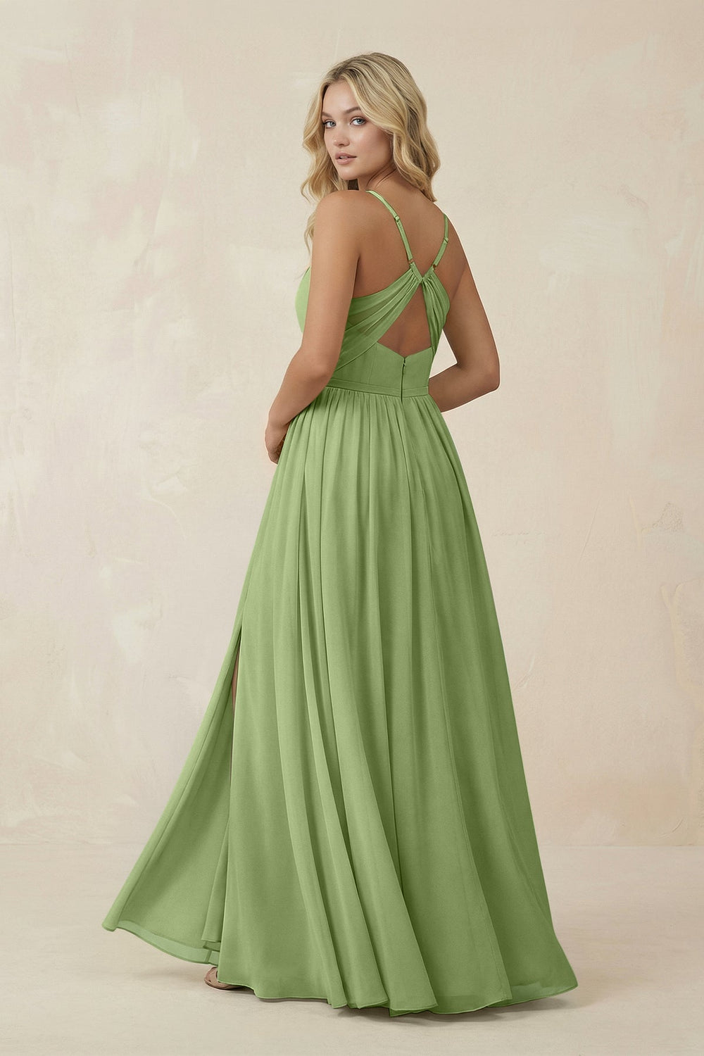 V - Neck Spaghetti Strap A - Line Chiffon Bridesmaid Dress in Matcha - SHE IS ME Bridesmaid Dresses