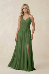 V - Neck Spaghetti Strap A - Line Chiffon Bridesmaid Dress in Moss - KISS BRIDAL Bridesmaid Dresses