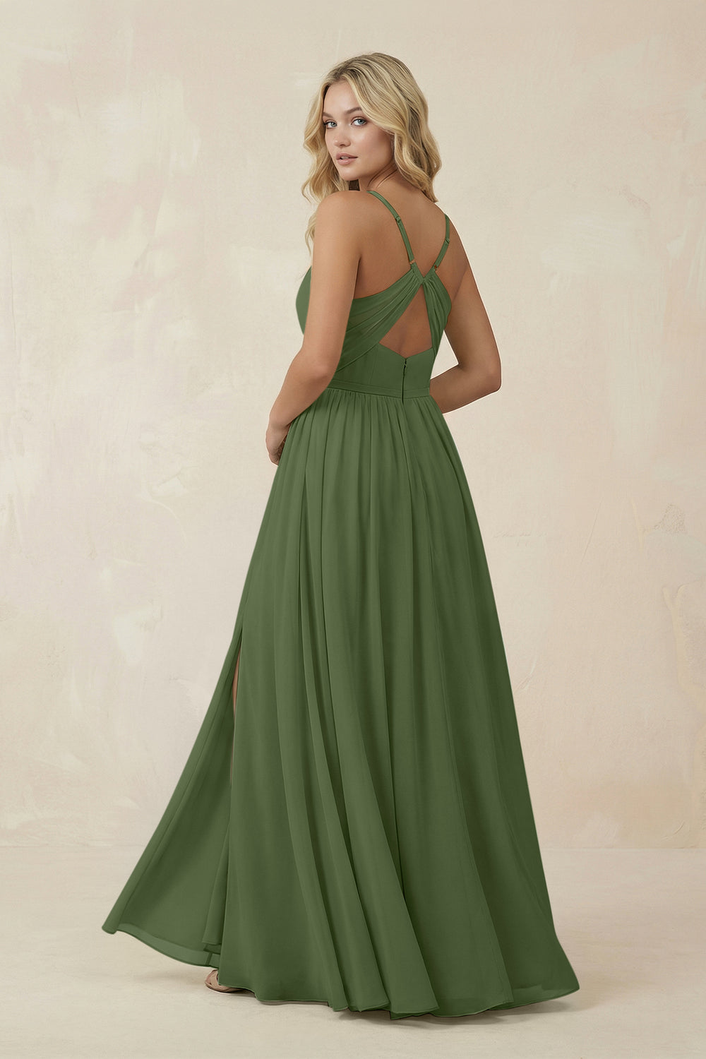 V-Neck Spaghetti Strap A-Line Chiffon Bridesmaid Dress in Moss