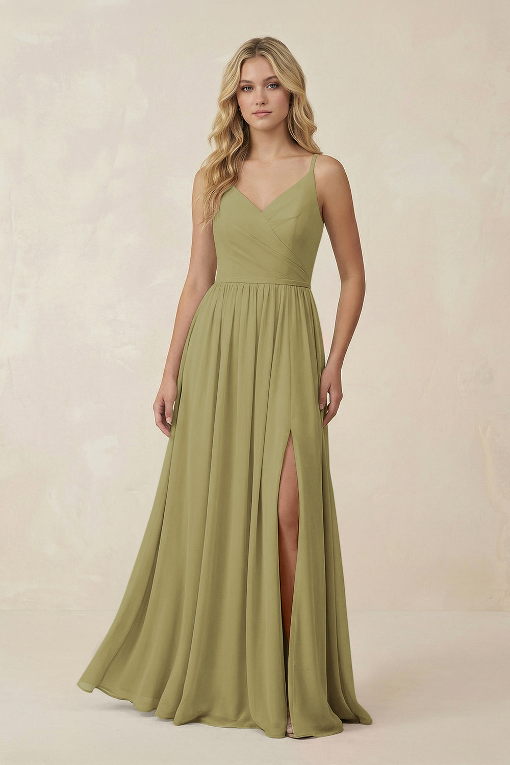 V-Neck Spaghetti Strap A-Line Chiffon Bridesmaid Dress in Moss Green